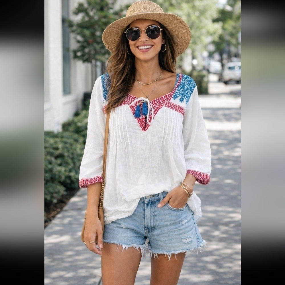 Juicy Couture Womens Boho Festival 3/4 Balloon Sleeve V Neck Embroidered Top S